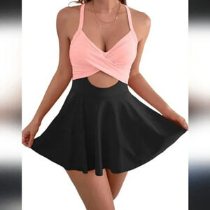 AIMAGE | Women's Peach/Black Push-up Twist Front One Piece Skirt Swimsuit